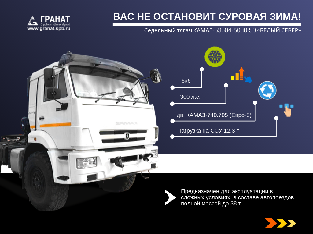 Обзор характеристик седельного тягача высокой проходимости КамАЗ-53504