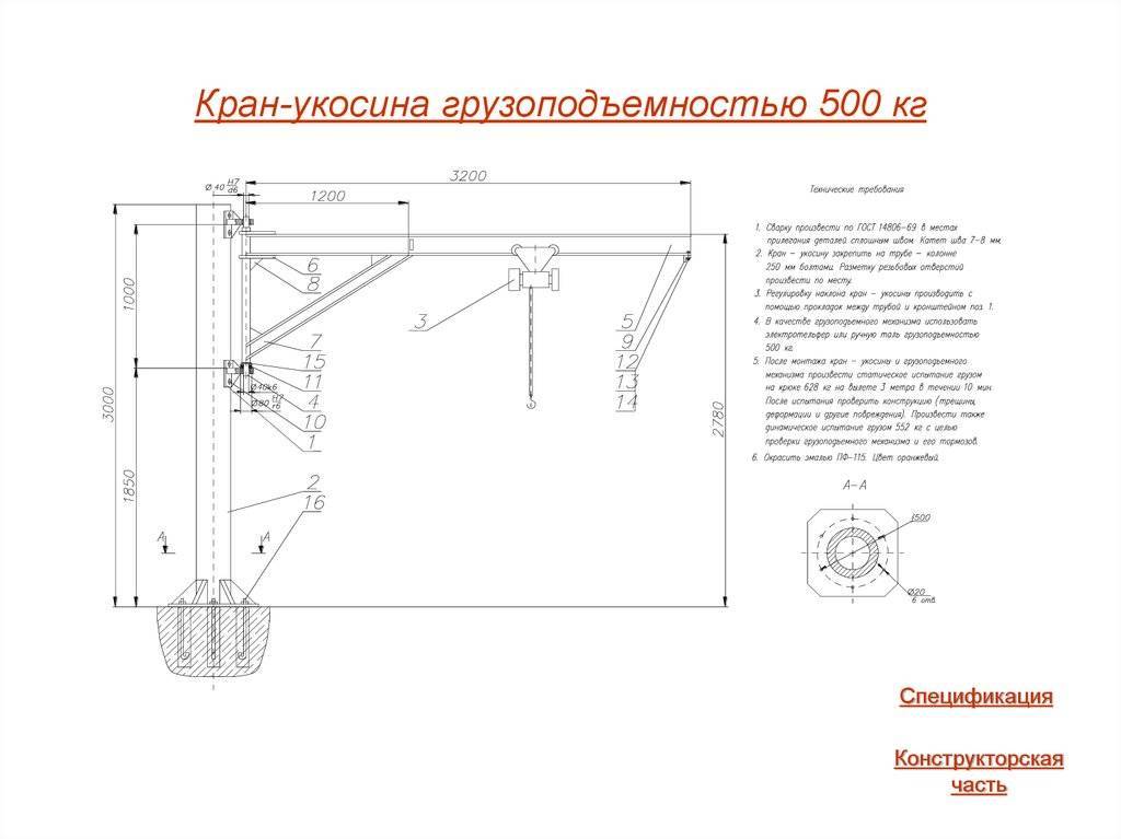 Устройство и таблица параметров 5-ти тонного крана Укосина с поворотной талью